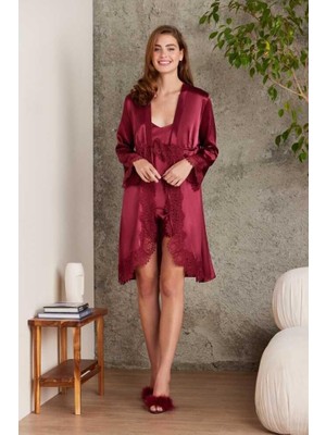 Pierre Cardin Kadın 4'lü Bordo Saten Takım Gelin Çeyiz Seti 7045