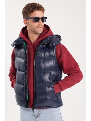 Tudors Erkek Standart Fit Normal Kesim Sıfır Kol Çift Cepli Fermuarlı Sıcak Tutan Lacivert Şişme Yelek