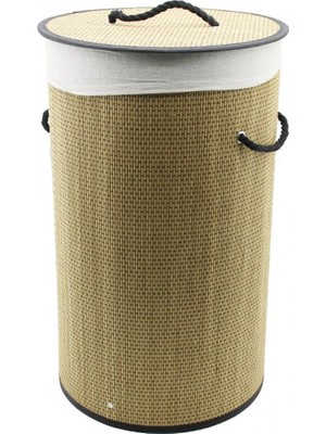 Yuvarlak Hasır - Ahşap Kirli Çamaşır Sepeti 37X60CM Seyyar Kapaklı Içi Bezli Ip Kulplu (4887)