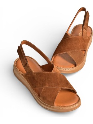 Fox Shoes Y555531102 Taba Hakiki Deri Süet Kadın Sandalet