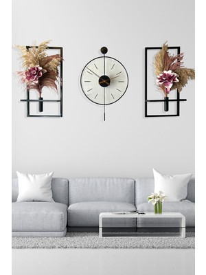 PremiumPort Şık Siyah 3'lü Cam Çiçeklikli Duvar Saati Vip Set