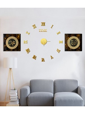 PremiumPort Büyük Boy 3D Roma Gold Duvar Saati ve Uv Tablo Seti