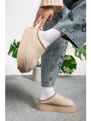 Favorispor Kadın Kışlık Kalın Taban Süet Platform Bej Terlik Tazz