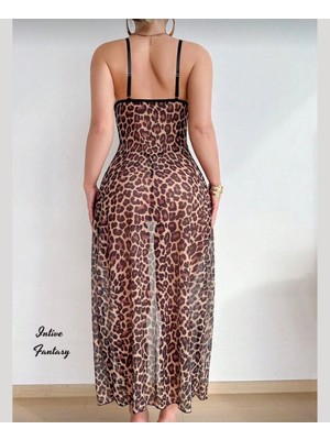 Intive Lingerie Intive Fantasy Leopar Desen V Yaka Önden Bağlamalı Önü Açık Volanlı Uzun Gecelik