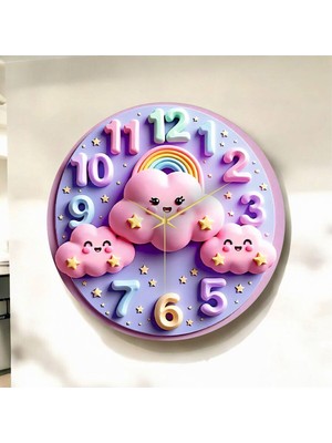 PremiumPort Renkli Bulut ve Çocuk Desenli Sayılı Ahşap Sessiz Duvar Saati