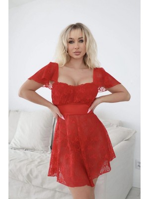 MiraLive Alt Kısmı Tül Üst Kısmı Jarse Mini Fantazi Kırmızı Gecelik