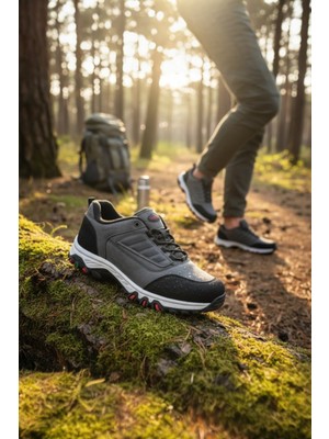 Enoch Erkek Siyah Gri Su Geçirmez Outdoor Trekking ve Doğa Yürüyüş Ayakkabısı