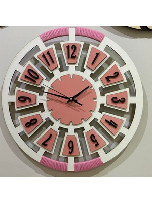 PremiumPort Beyaz ve Pembe Ahşap Duvar Saati, Şık ve Modern Dekorasyon Aksesuarı