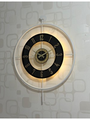 PremiumPort Modern Metal Camlı Duvar Saati 60X80 cm Işıklı Beyaz Şeffaf Siyah Gold