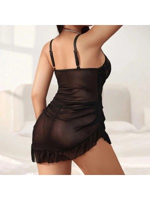 MiraLive Büyük Beden Siyah Dantel Işlemeli Fırfırlı Tül Gecelik