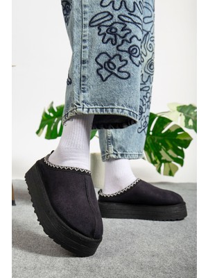 Favorispor Kadın Kışlık Kalın Taban Süet Platform Siyah Terlik Tazz