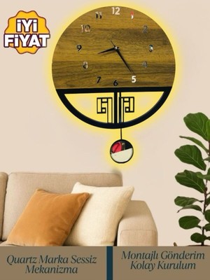 PremiumPort Şık Ahşap Sarkaçlı Duvar Saati, Sessiz Mekanizma, Montajlı, 42X52 cm