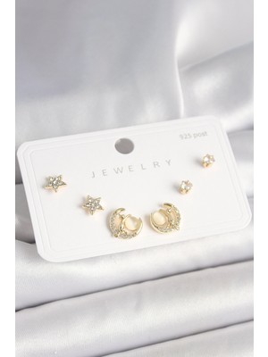 Eco Lounge 925 Ayar Gümüş Çivi Zirkon Taşlı Hilal Yıldız Model Kadın Küpe Seti