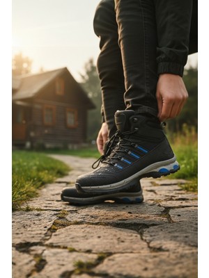 Enoch Erkek Siyah Mavi Waterproof Kürklü Outdoor Trekking ve Doğa Yürüyüş Botu
