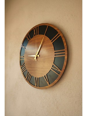 PremiumPort Şık Ahşap Ceviz Renkli Roma Rakam Desenli Sessiz Duvar Saati 50CM