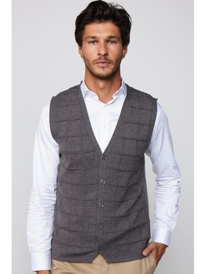 Tudors Slim Fit Kare Desenli Gri Erkek Yelek