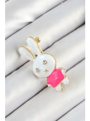 FRY Zirkon Taş Detaylı Beyaz ve Pembe 3D Tavşan Figürlü Kadın Broş