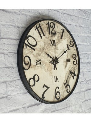 PremiumPort Modern Siyah Metal Çerçeveli Mermer Desenli Duvar Saati 40 cm