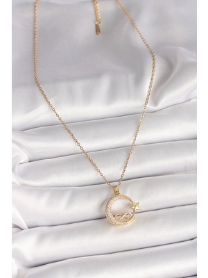 Bsre Gold Renk Zirkon Taşlı Ay Yıldızlı Sonsuzluk Figürlü Kadın Kolye (316L Çelik)