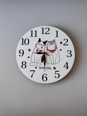 PremiumPort Ahşap Aşık Kediler Temalı Duvar Saati 30X30 Çocuk ve Ev Dekoru