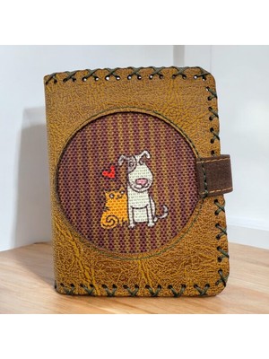 Fildişi Aksesuar El Yapımı Kadın Cüzdan Vegan Deri Kedi Köpek Aşkı Görselli Hardal Renk