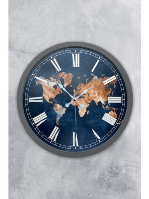 PremiumPort 36 cm Krom Metal Dünya Haritası Duvar Saati, Şık ve Modern Tasarım