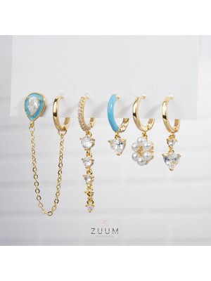 Zuum Özel Tasarım 14K Turkuaz Detay Zirkon Taşlı 6 Lı Set Küpe