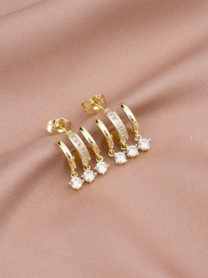 Xuping Xupıng Özel Seri 14K , Gold , Sarı Renk Üçlü Görünüm Zirkon Taşlı Çelik Küpe