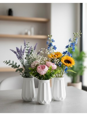 Silver 3’lü Modern Geometrik Tasarım Dekoratif Vazo Seti - Iskandinav Tarzı Beyaz Minimalist Vazo