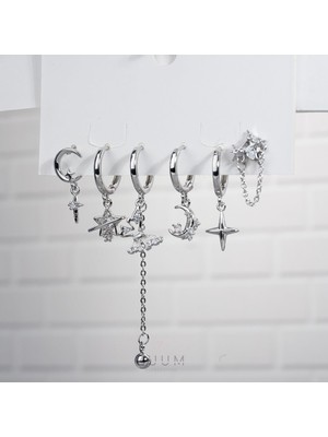 Zuum Özel Tasarım Gümüş Renk Ay Yıldız Detay Zirkon Taşlı 6 Lı Set Küpe