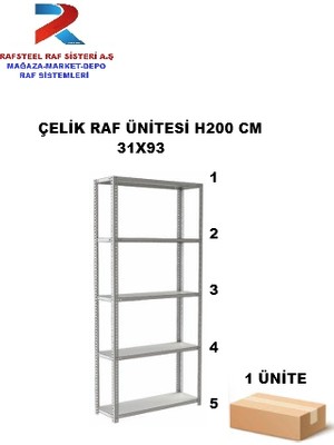 Rafsteel Depolama Çelik Raf Ünitesi  31X93 cm 5 Sıra Raflı