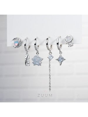 Zuum Özel Tasarım Gümüş Renk Yıldız Detay Zirkon Taşlı 6 lı Set Çelik Küpe