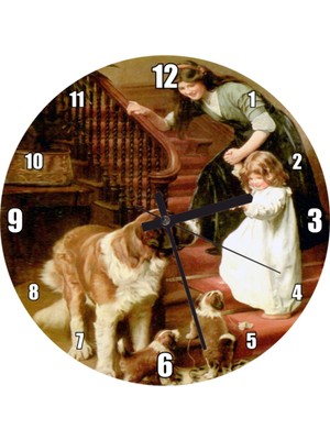PremiumPort Sevimli Anne Kız ve Köpekler Temalı 50X50 cm Duvar Saati