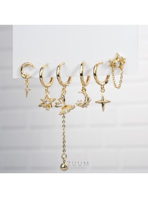 Zuum Özel Tasarım 14K Karma Model Zirkon Taşlı 6 Lı Set Küpe