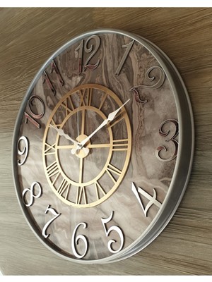 PremiumPort Mermer Desenli Metal Çerçeveli Altın Renkli 50 cm Duvar Saati