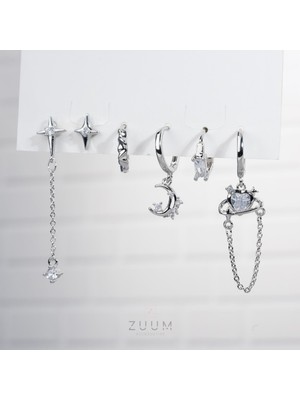 Zuum Özel Tasarım Gümüş Renk Zincir Sallantılı Zirkon Taşlı 6 lı Set Çelik Küpe