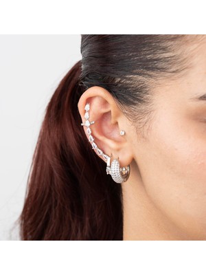 Zuum Özel Seri Gümüş , Gri Renk Sıralı Zirkon Taş Kıkırdak Çelik Küpe (Sağ Kulak Uyumludur)