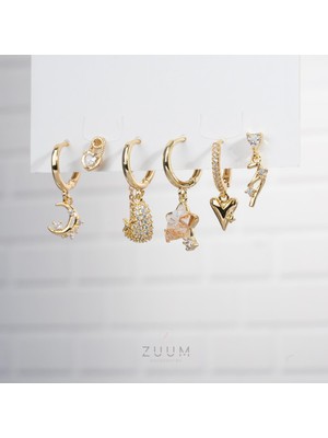 Zuum Özel Tasarım 14K Tasarım Zirkon Taşlı 6 lı Set Çelik Küpe