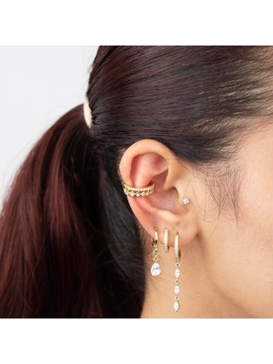 Zuum Özel Seri Zirkon Taşlı 14K , Gold , Sarı Renk Tasarım Kıkırdak Çelik Küpe