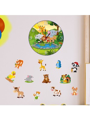 PremiumPort Çocuk Odası Temalı Duvar Saati ve Süsleri, Renkli Dekorasyon Seti