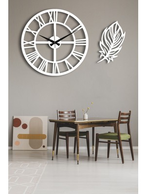 PremiumPort Şık Beyaz Duvar Saati ve Yaprak Desenli Tablo Seti