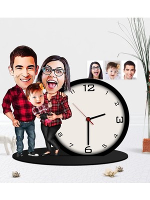PremiumPort Kişiye Özel Aile Karikatürlü Ahşap Masa Saati, Şık ve Özel Hediye