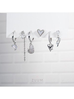Zuum Özel Tasarım Gümüş Renk Tasarım Zirkon Taşlı 6 Lı Set Küpe