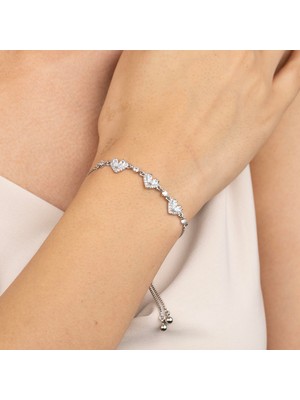 Zuum Asansörlü Zirkon Taşlı Kalp Detay Gümüş Renk Tasarım Bileklik