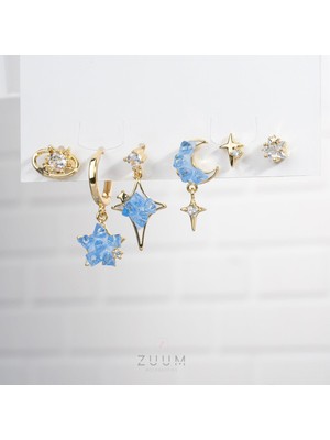 Zuum Özel Tasarım 14K Ay Yıldız Detay Zirkon Taşlı 6 lı Set Çelik Küpe