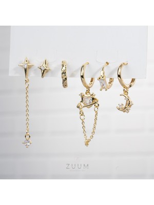 Zuum Özel Tasarım 14K Zincir Sallantılı Zirkon Taşlı 6 Lı Set Küpe