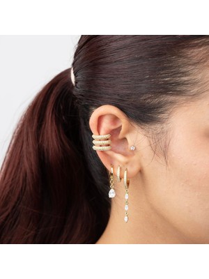 Zuum Özel Seri Üçlü Görünüm Zirkon Taşlı 14K , Gold , Sarı Renk Kıkırdak Çelik Küpe