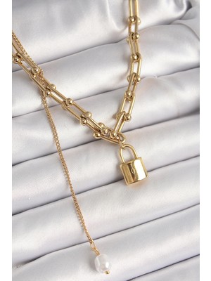 Eco Lounge 316L Çelik Gold Renk Tifany Zincir Model Kilit Figür Sallantı Inci Detay Kadın Kolye