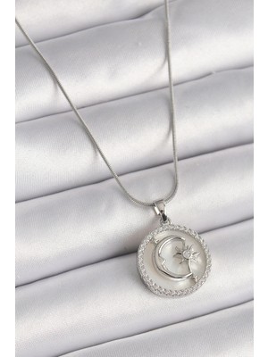 VeraGlobe Buğz 316L Çelik Gümüş Renk Zincir Zirkon Taş Detaylı Beyaz Sedefli Ay Yıldız Işleme Kadın Kolye