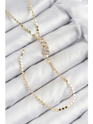 VeraGlobe Buğz Pirinç Zirkon Taşlı Ezme Zincirli Model Gold Renk Y Kolye